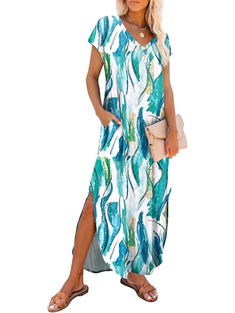 Women's White Blue Short Sleeve Halter Neck High Waist Backless Maxi Dress